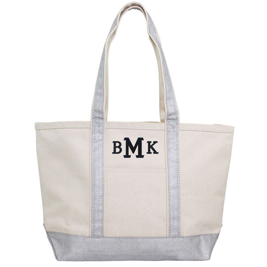 Personalized Natural and Silver Medium Boat Tote